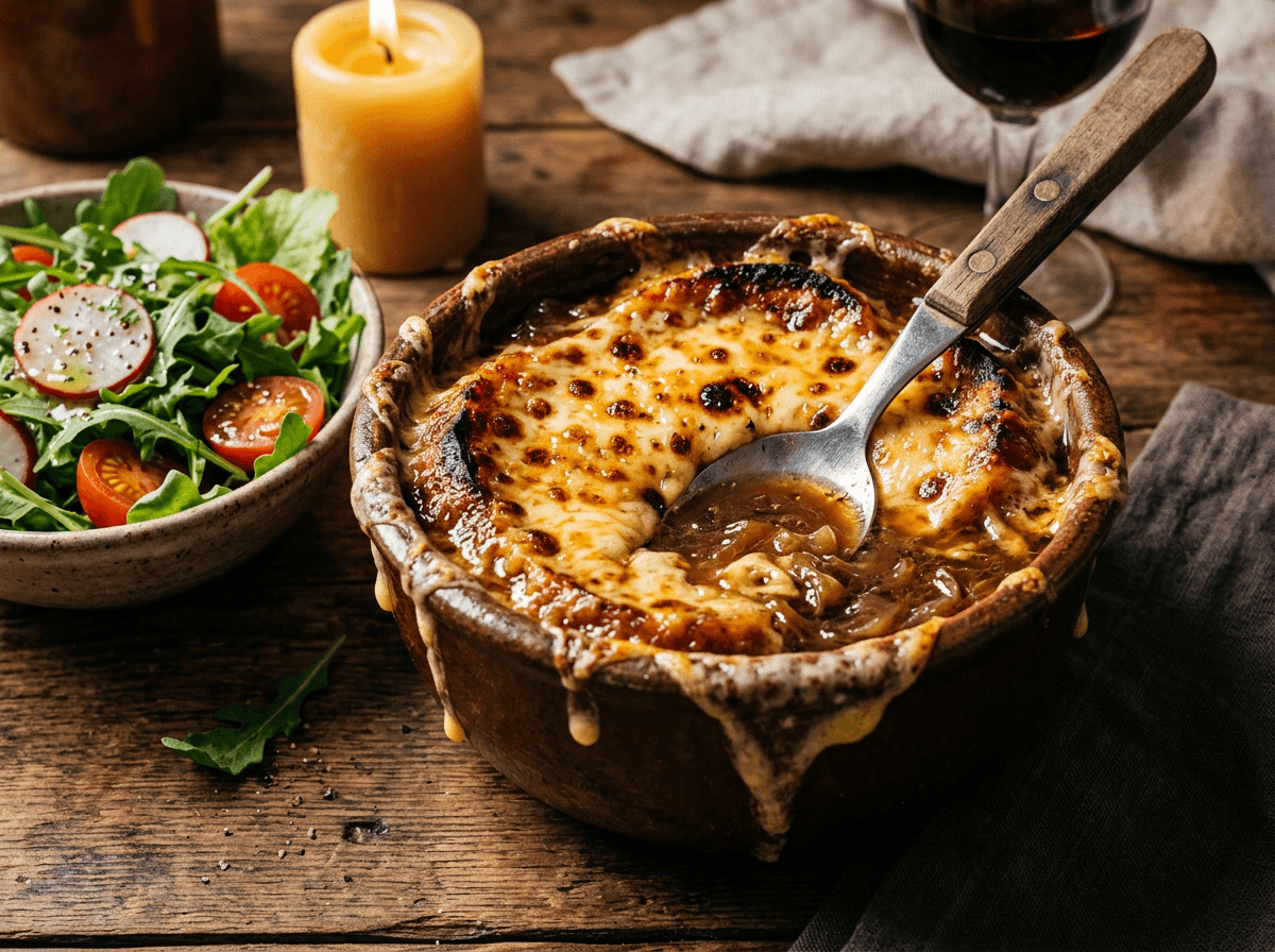 Fransk løksuppe med gratinert Gruyère i dyp keramikkskål