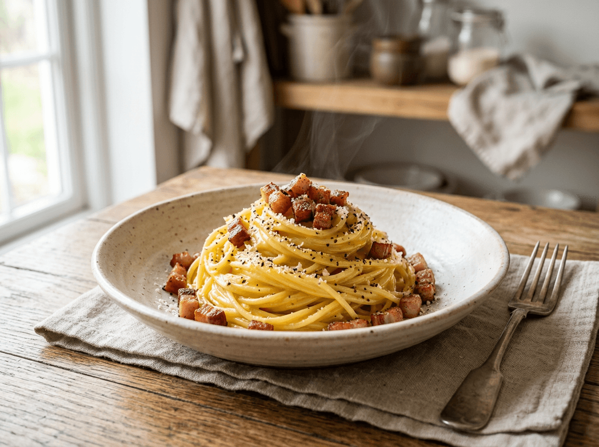 Spaghetti carbonara originale med sprø guanciale, silkemyk eggesaus og grovmalt pepper