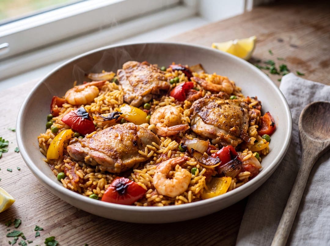 Spansk paella med kylling og reker servert som ferdig middag