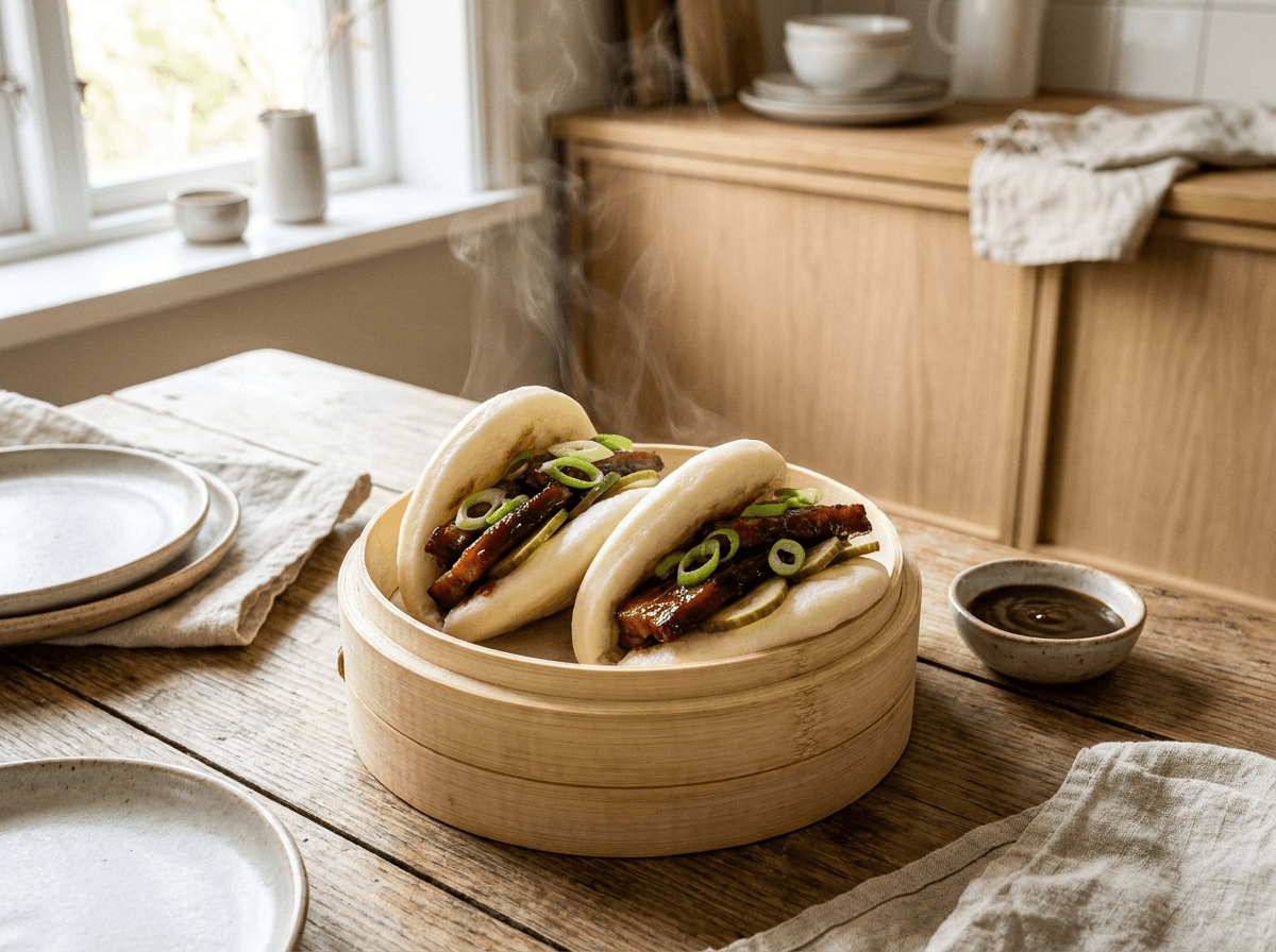 Steamed bao buns fylt med glasert svinekjøtt, syltet agurk og vårløk i bambuskurv