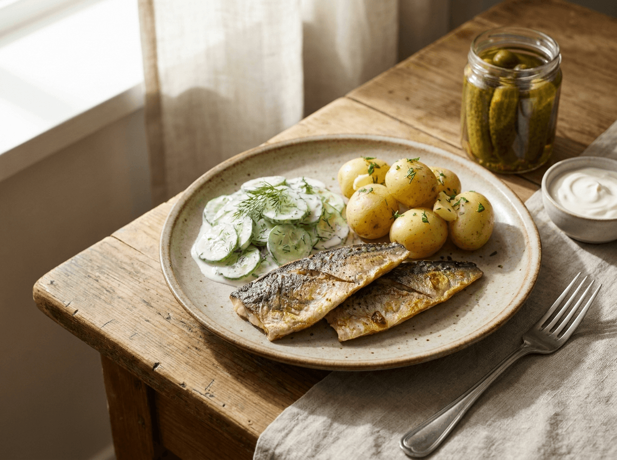 Sprøstekt makrellfilet med agurksalat og smørdampede nypoteter på et rustikt fat