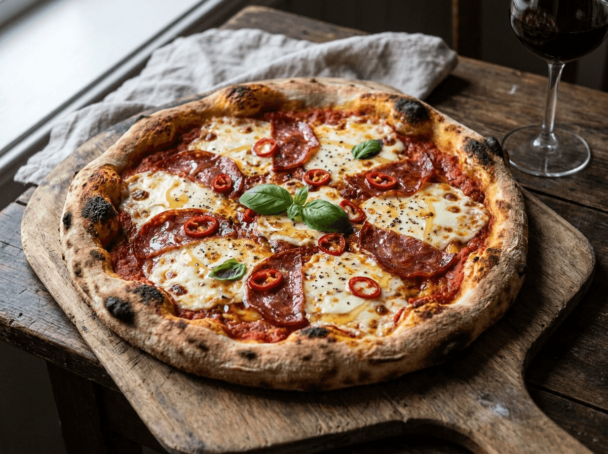 Sterk salami pizza med chili og honning servert som ferdig middag