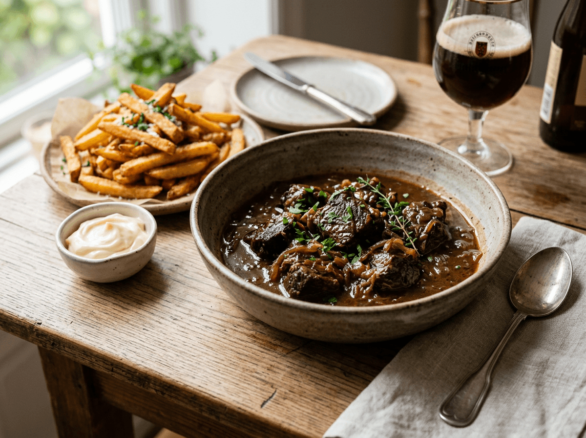 Flamsk oksegryte med mørt kjøtt i mørk ølsaus servert med pommes frites