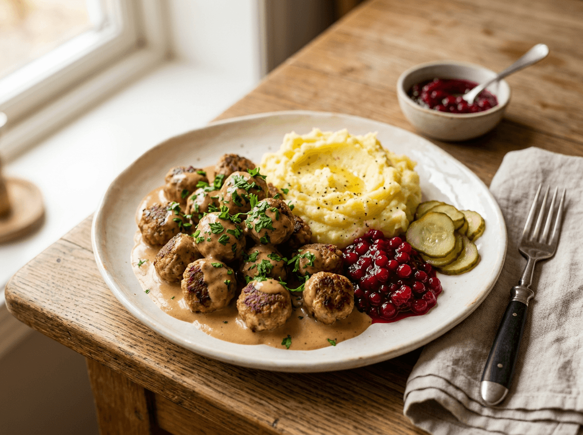 Svenske kjøttboller i fløtesaus med potetmos tyttebær og sylteagurk