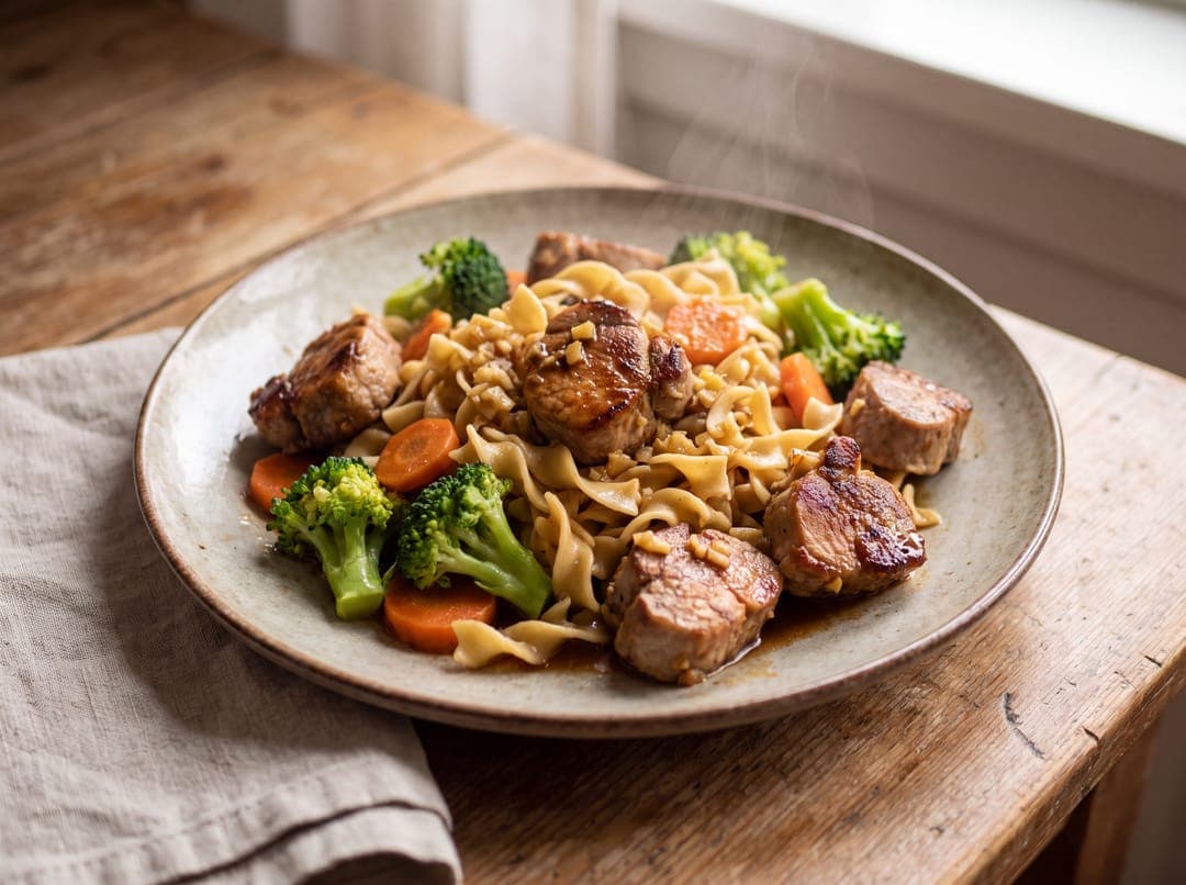 Svinefilet meal prep med nudler og grønnsaker servert som ferdig middag