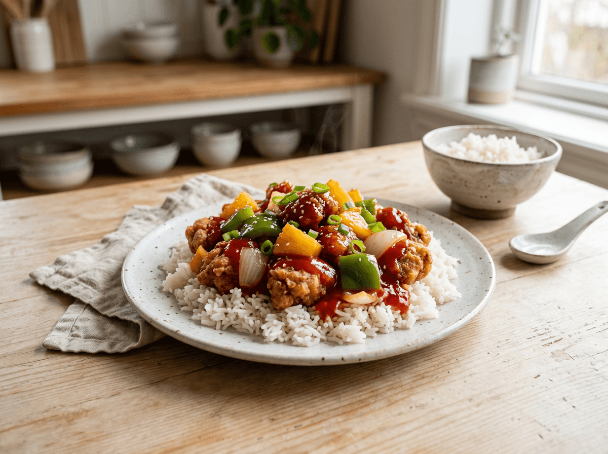 Sweet and sour pork med ananas, paprika og rubinrød saus over jasminris
