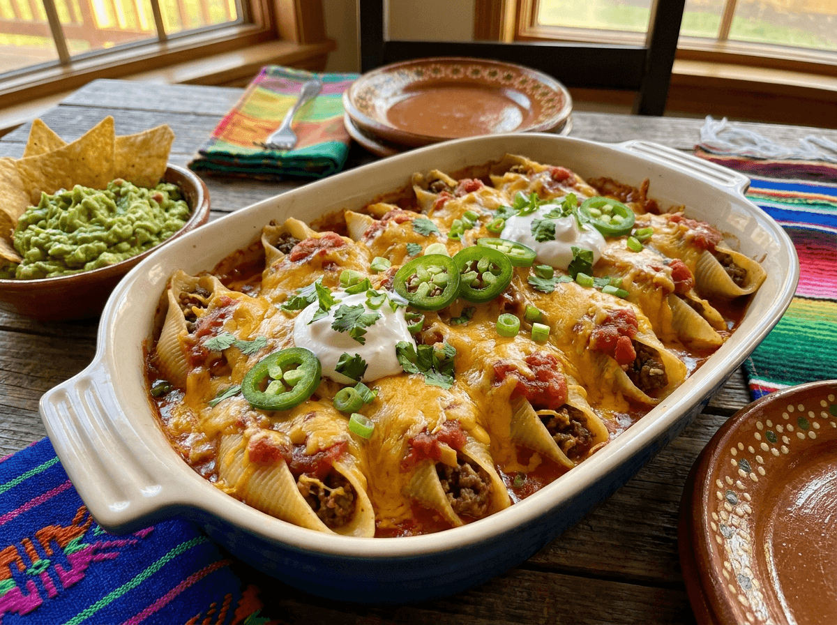 Taco Stuffed Shells servert på tallerken.