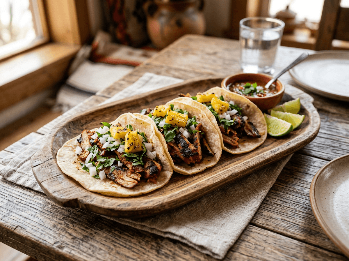 Meksikanske tacos al pastor med grillet svinekjøtt ananas og koriander på fat