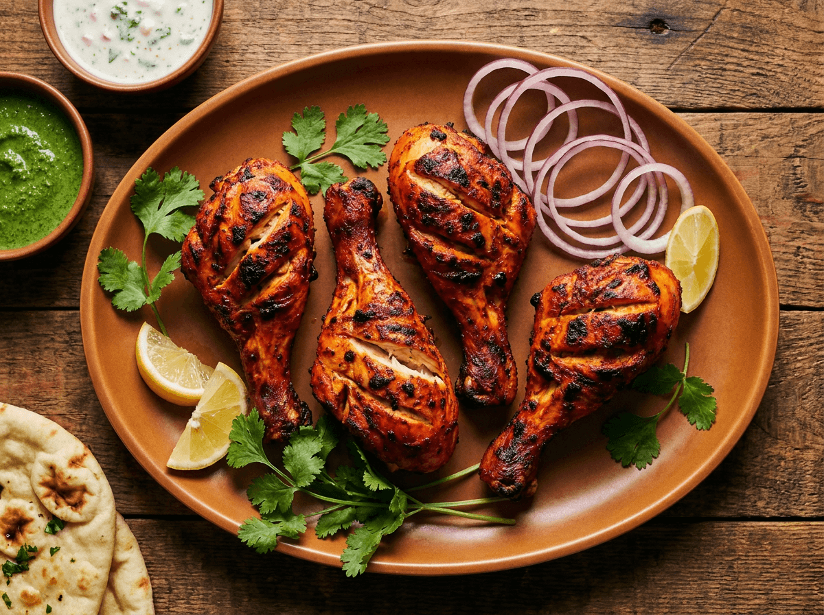 Klassisk indisk tandoori-kylling med rød marinade, servert med chutney og sitron