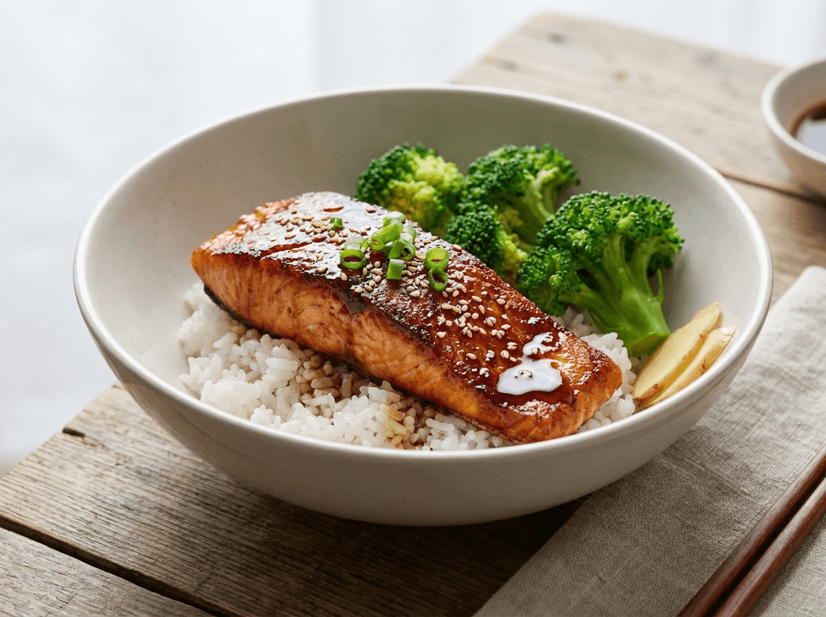 Japansk teriyaki-glasert laks med sprøtt skinn, ris og dampet brokkoli