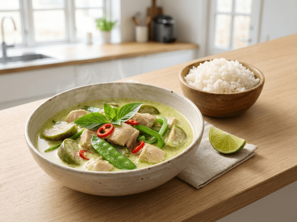 Thai green curry med kylling, grønnsaker og fersk basilikum i keramikkskål