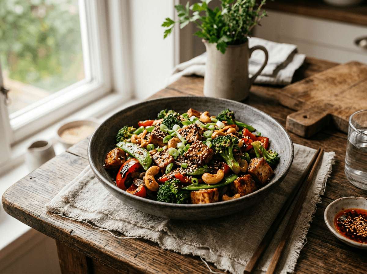 Tofu stir-fry med brokkoli og cashewnøtter i en wok, drysset med sesamfrø