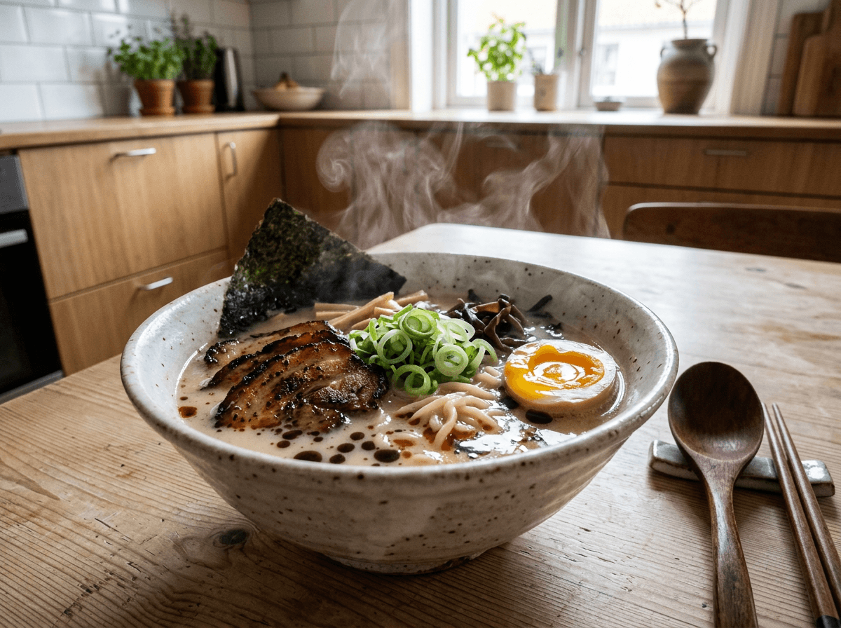 Tonkotsu ramen i stor keramikkskål med melkehvit buljong, svinekjøtt og bløtkokt egg