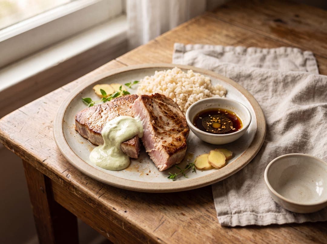 Tunfiskbiff med wasabimajones og soyadip servert som ferdig middag