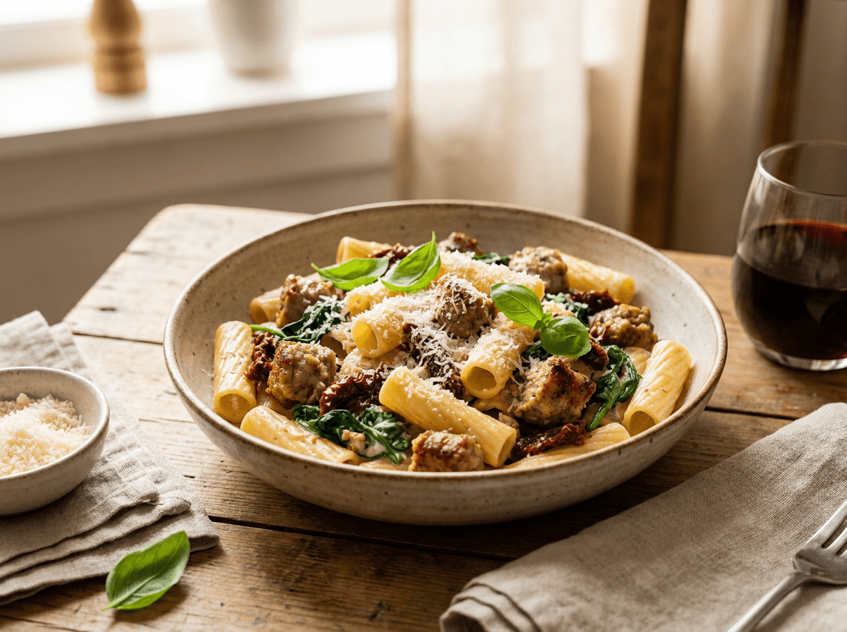 Toscan pølsepasta i kremet saus med spinat og soltørket tomat