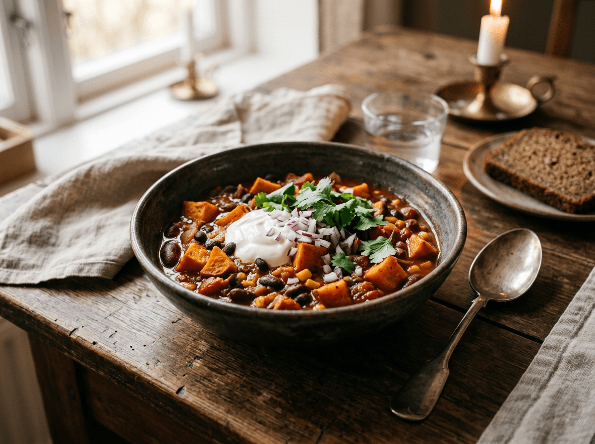 Dampende varm vegetar chili med søtpotet og kidneybønner toppet med rømme og koriander