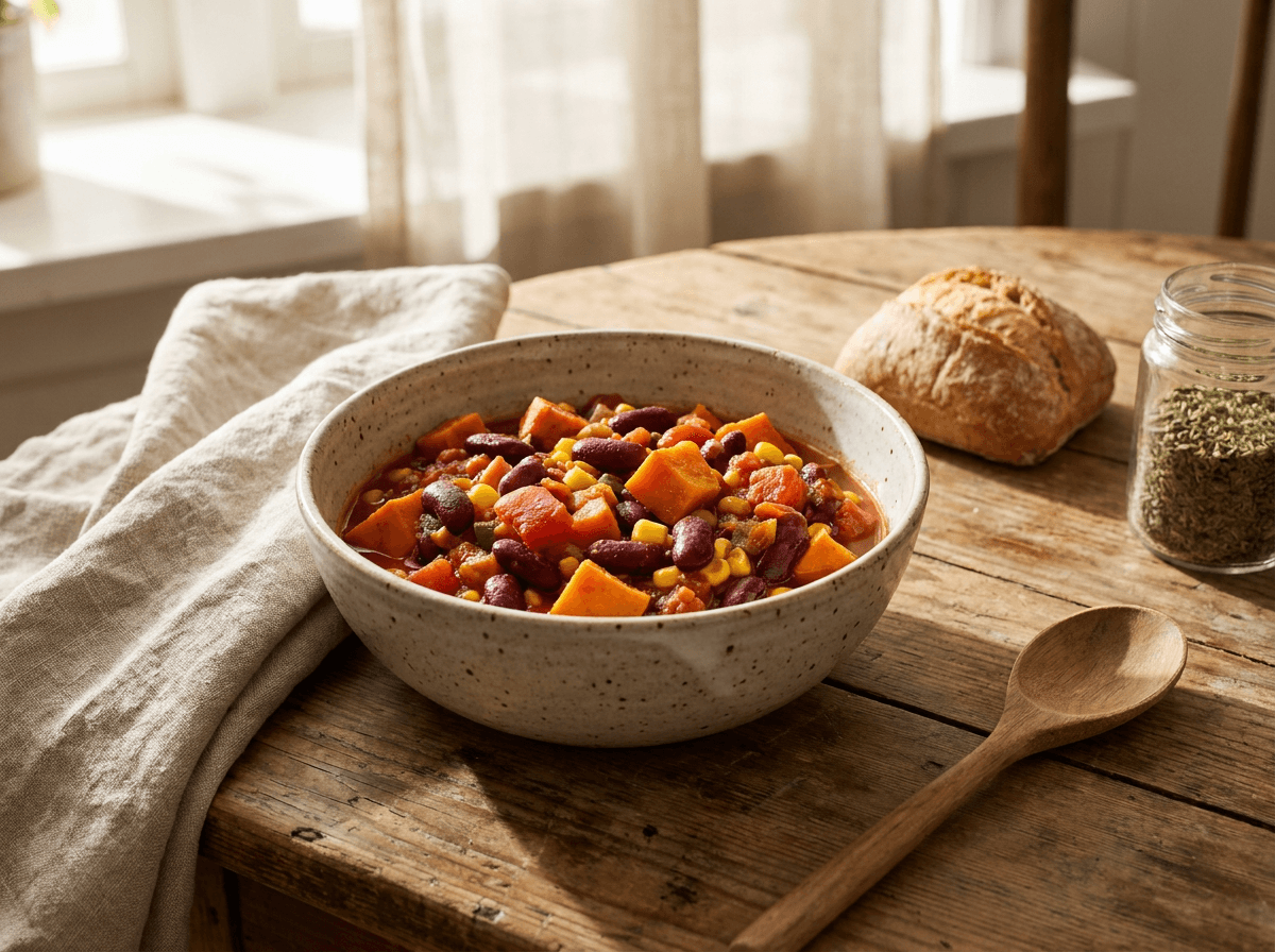 Dampende varm vegetar chili med søtpotet og kidneybønner toppet med rømme og koriander