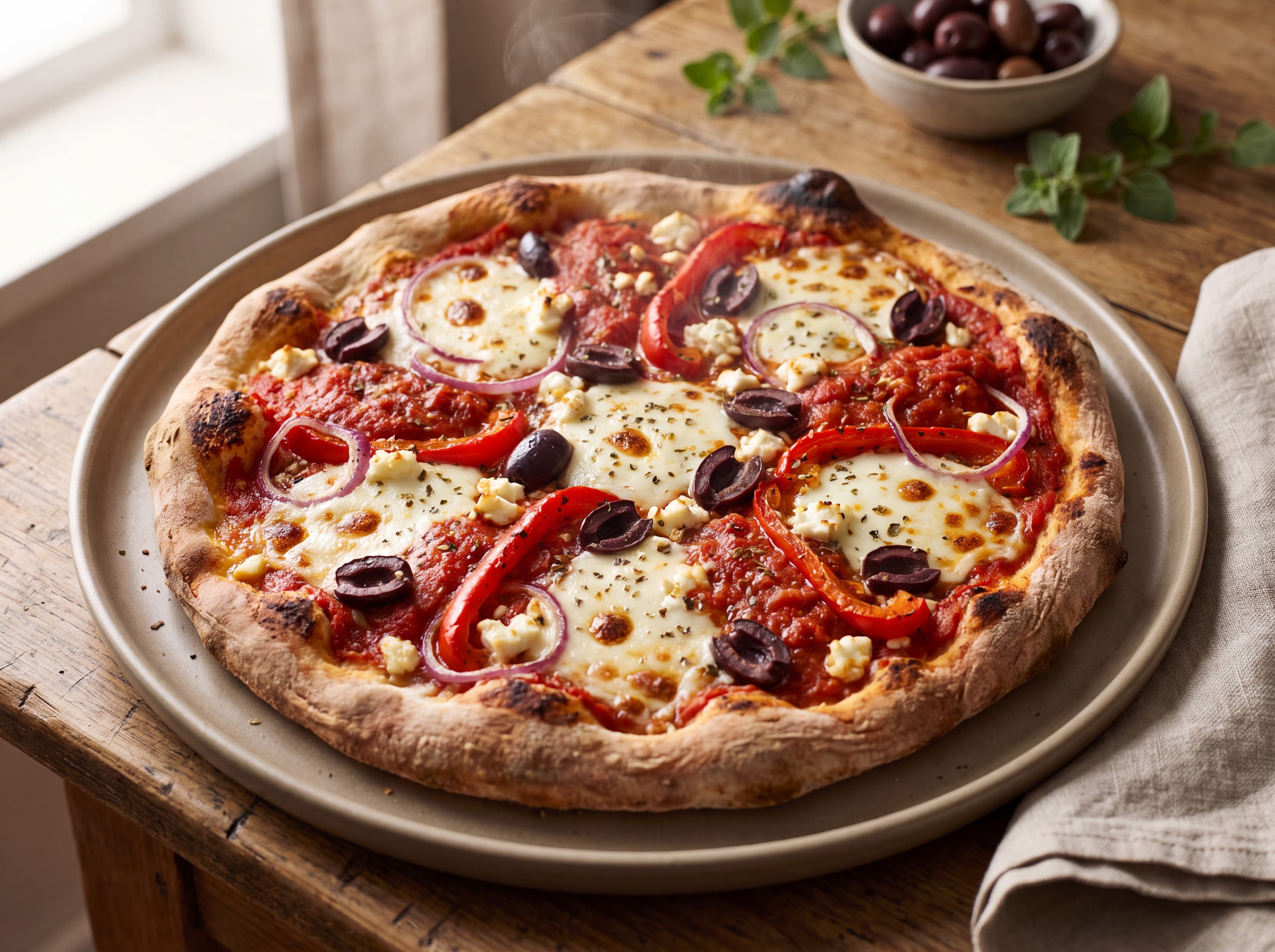 Vegetarisk middelhavspizza med feta og oliven servert som ferdig middag