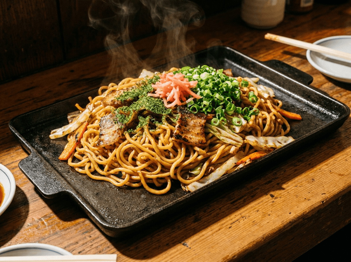 Japanske stekte nudler med svinekjøtt, kål og yakisoba-saus